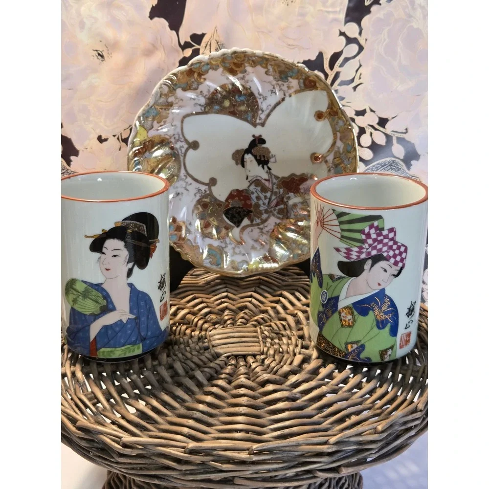 Vintage Japanese Geisha Tea Cups with Antique Japanese‎ Kutani Geisha Plate